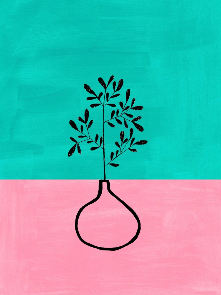 Roze-blauwgroene vaas met botanisch motief door Ejaaz Haniff