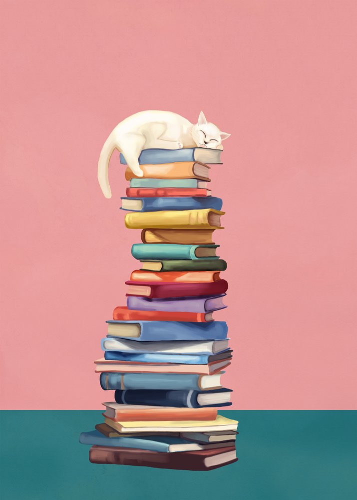 Gezellige kat op kleurrijke boeken door Flow Line