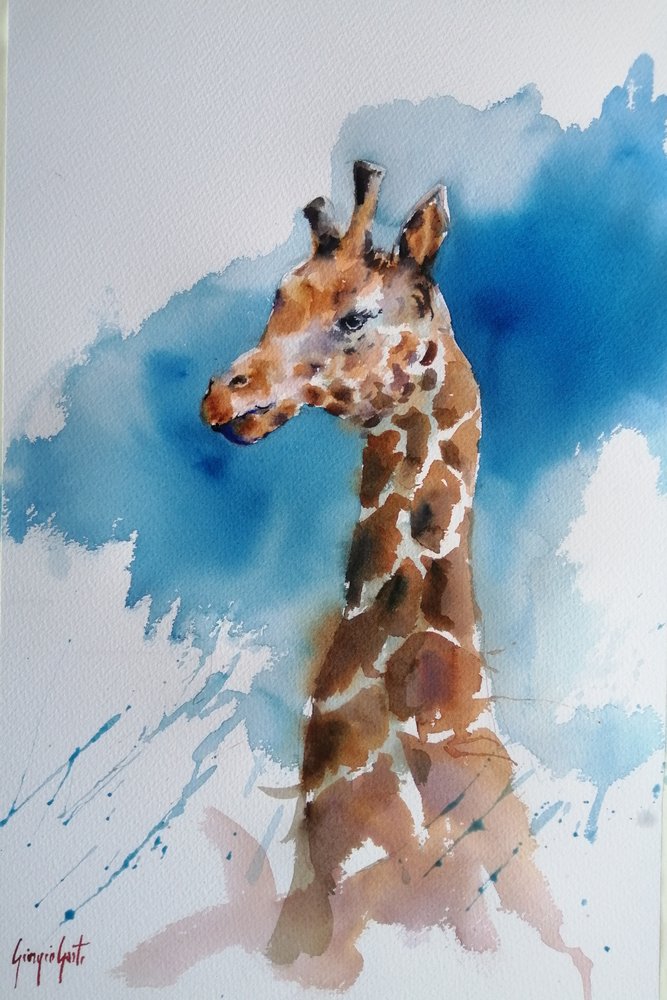 Blauwe giraffe in aquarel door Giorgio Gosti