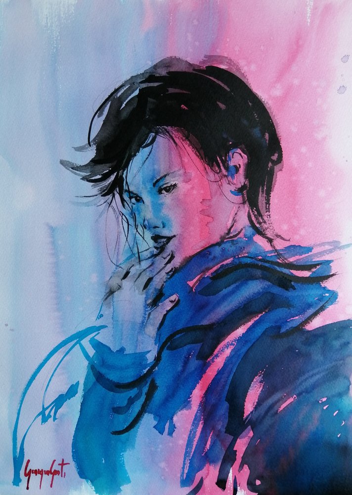 Dynamisch roze-blauw portret door Giorgio Gosti