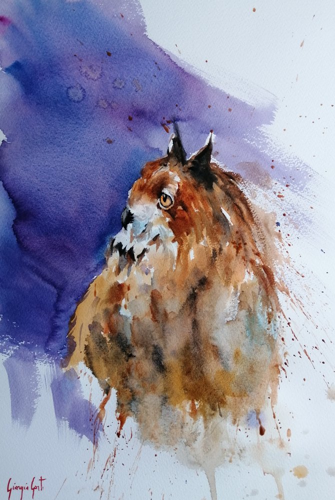 Expressieve uil in aquarel door Giorgio Gosti