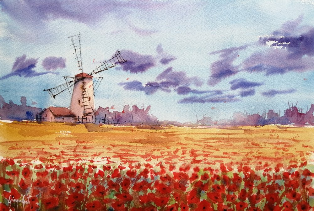 Levendig papaverveld bij de windmolen door Giorgio Gosti