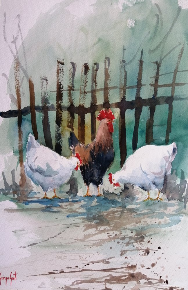 Aquarelkippen op de boerderij door Giorgio Gosti