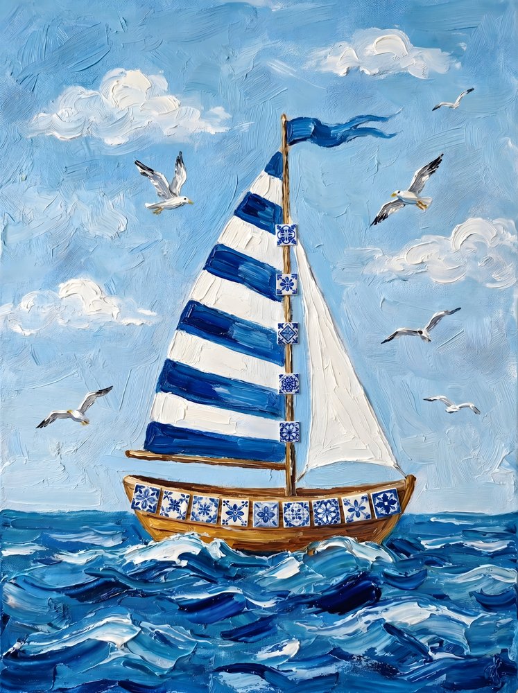 Gestreepte zeilboot in de blauwe oceaan door HUGO