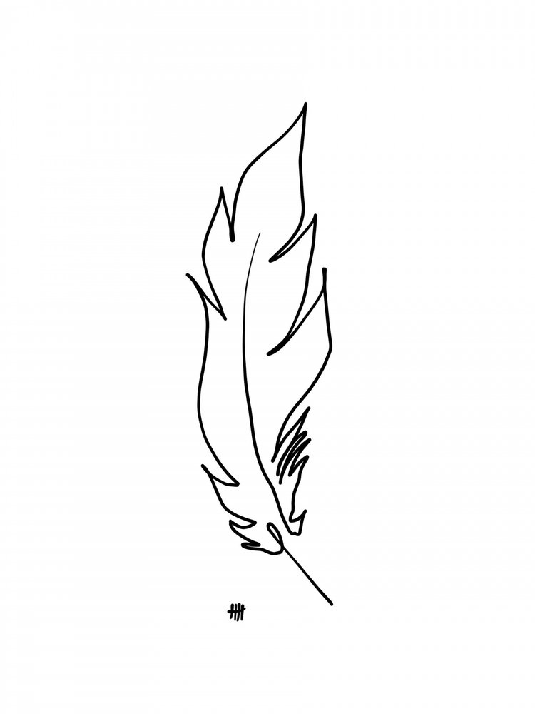 Minimalistische contourtekening van een veer door Hanna Lee Tidd