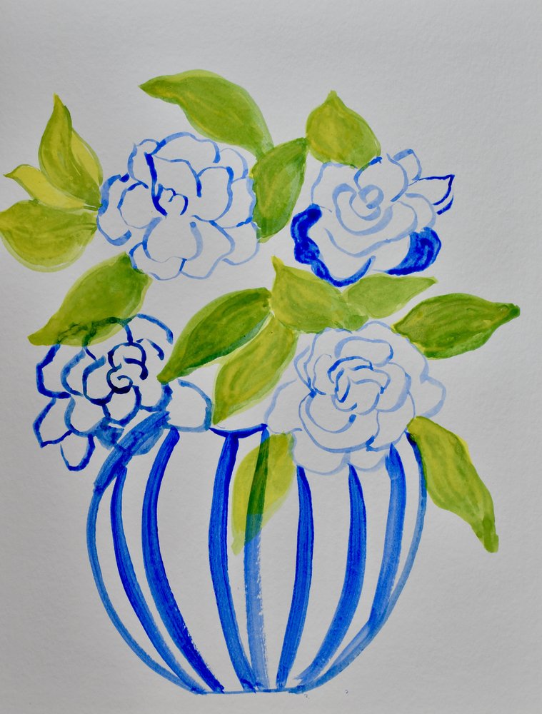 Bloemen in een blauwgestreepte vaas door Iria Fernandez