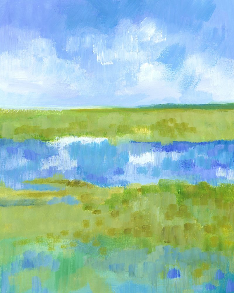 Abstract groen-blauw landschap door Isabelle Brent