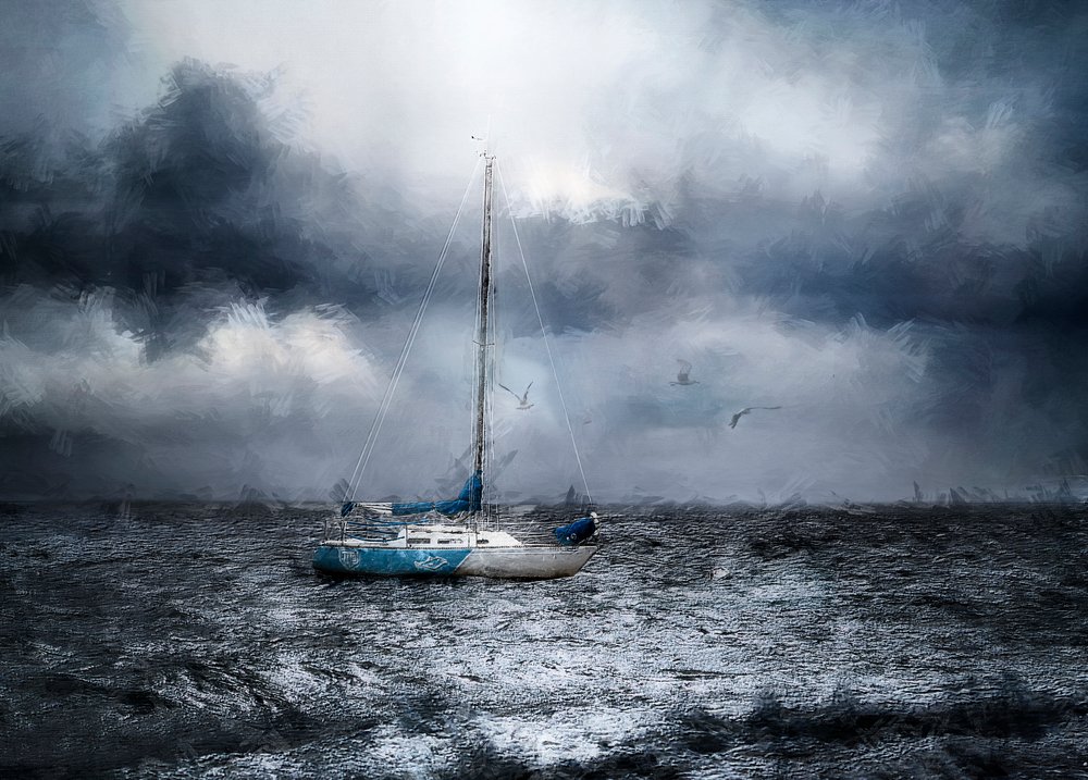 Zeilboot op een stormachtige oceaan door Jana Broskina