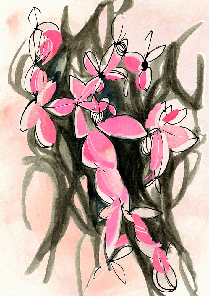 Roze abstracte bloemen door Jenja Braun