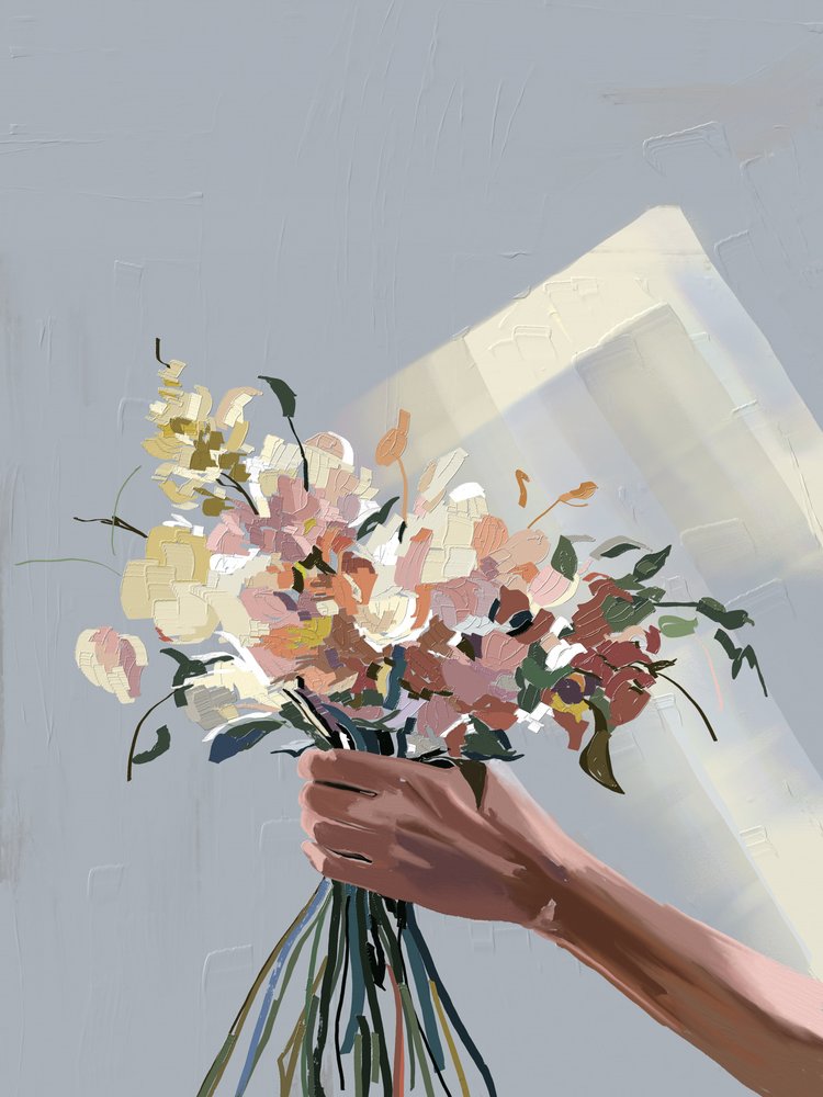 Hand met pastelkleurige bloemen door Jenna Alheit