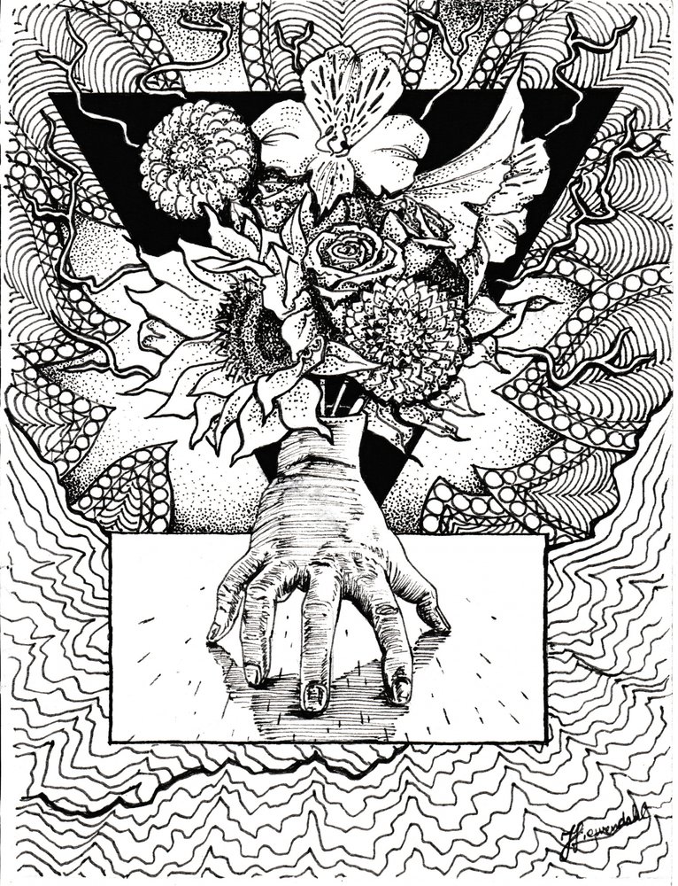 Surrealistische bloemenweerspiegeling in de hand door Johan Liewendahl