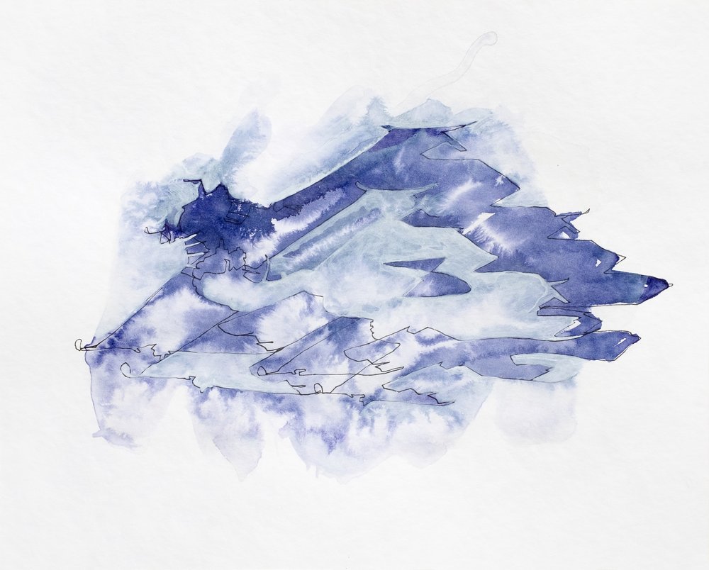 Blauwe bergen in aquarel door Joshua Hoskins