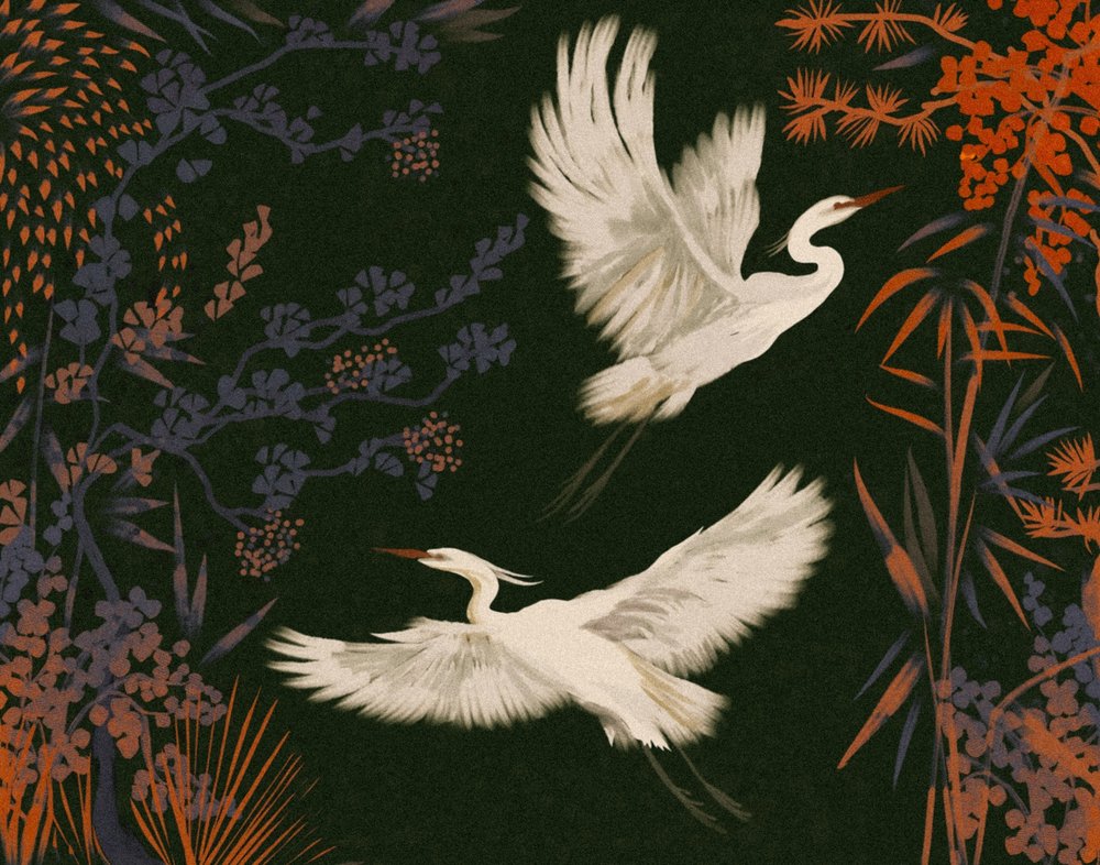 De vlucht van elegante reigers door Josie George