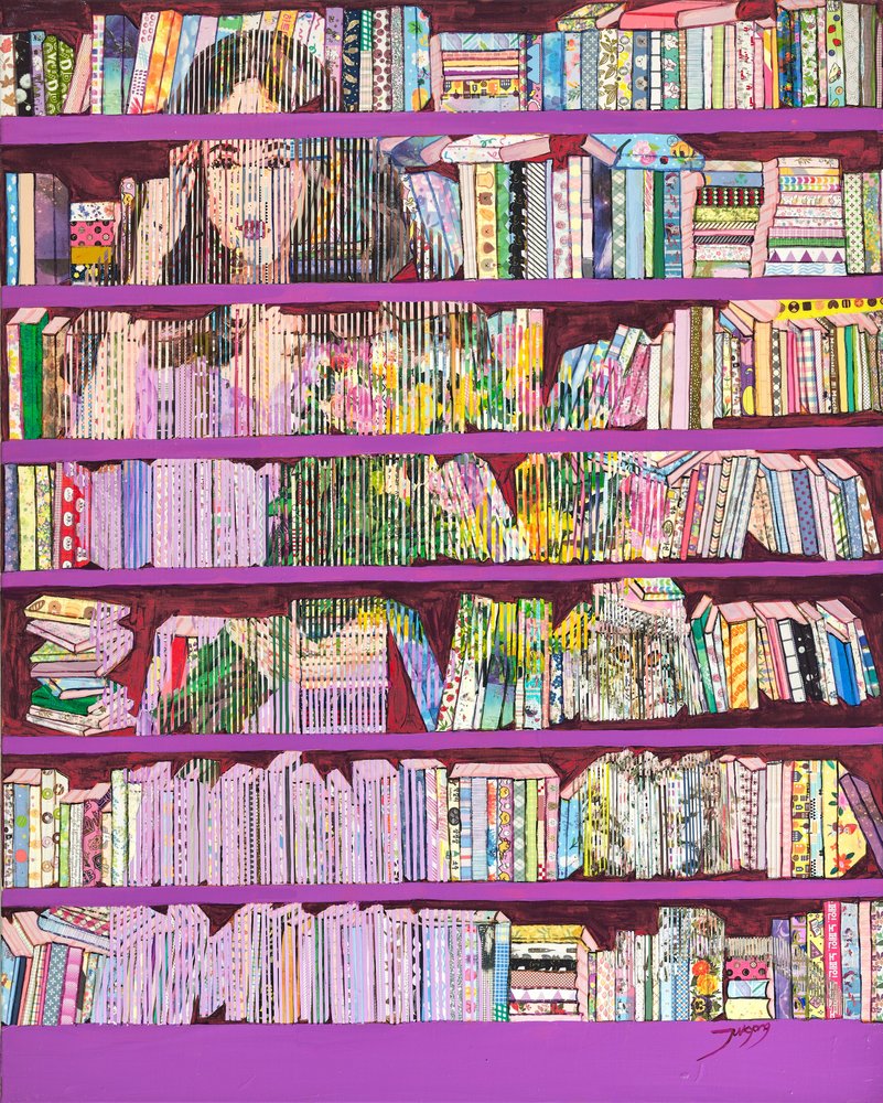 Kleurrijke vrouw bij de boekenkast door Jukyong Park