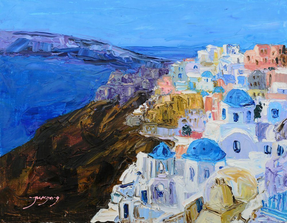 De blauwe koepels van Santorini door Jukyong Park