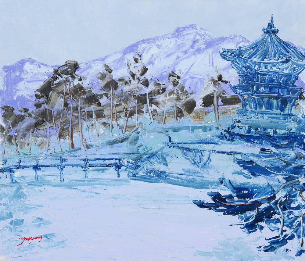 Rustige blauwe winterpagode door Jukyong Park