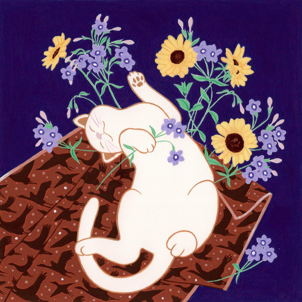 Speelse kat en zonnebloemen door Julie Lesouef