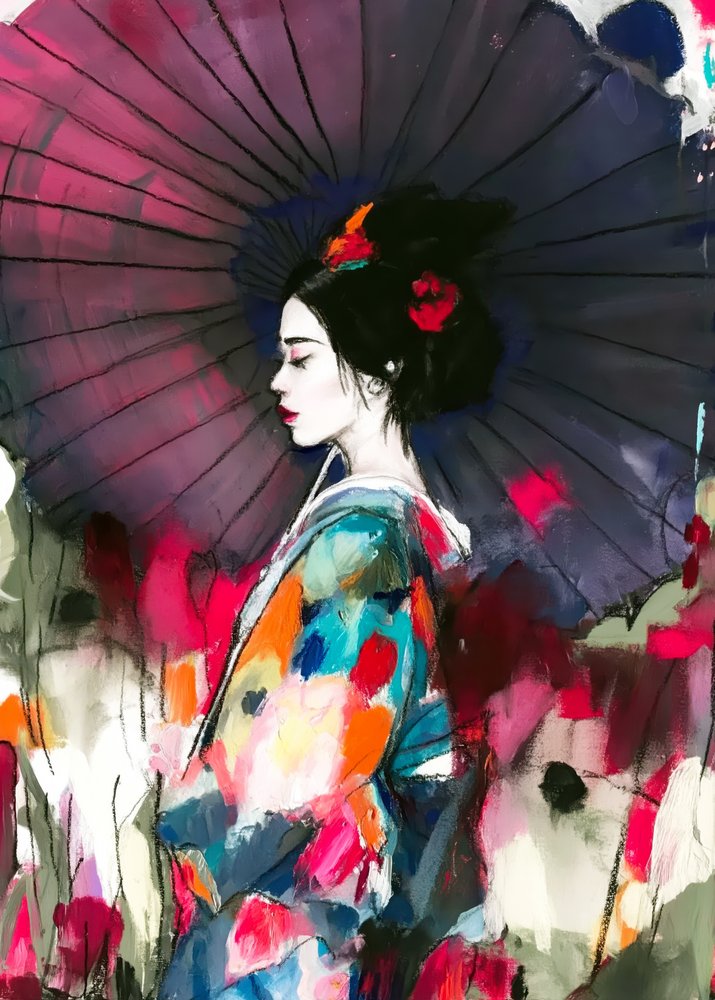 Levendig portret van een geisha met paraplu door Justyna Jaszke