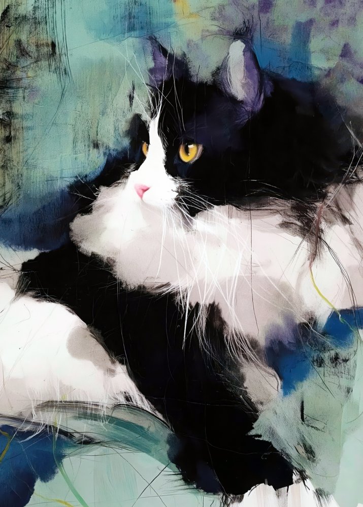 Levendig portret van een Tuxedo-kat door Justyna Jaszke
