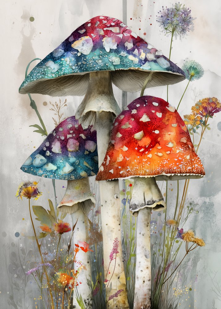 Speelse paddenstoelen in aquarel door Justyna Jaszke