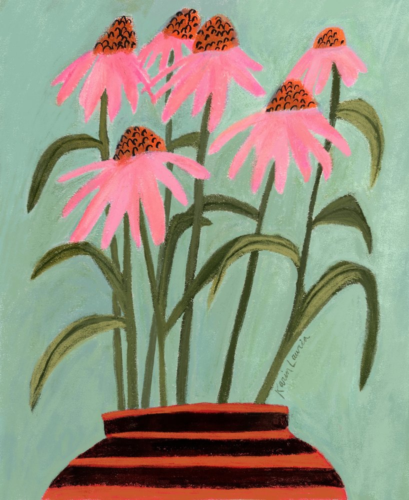 Roze zonnehoed in een vaas door Karin Lauria