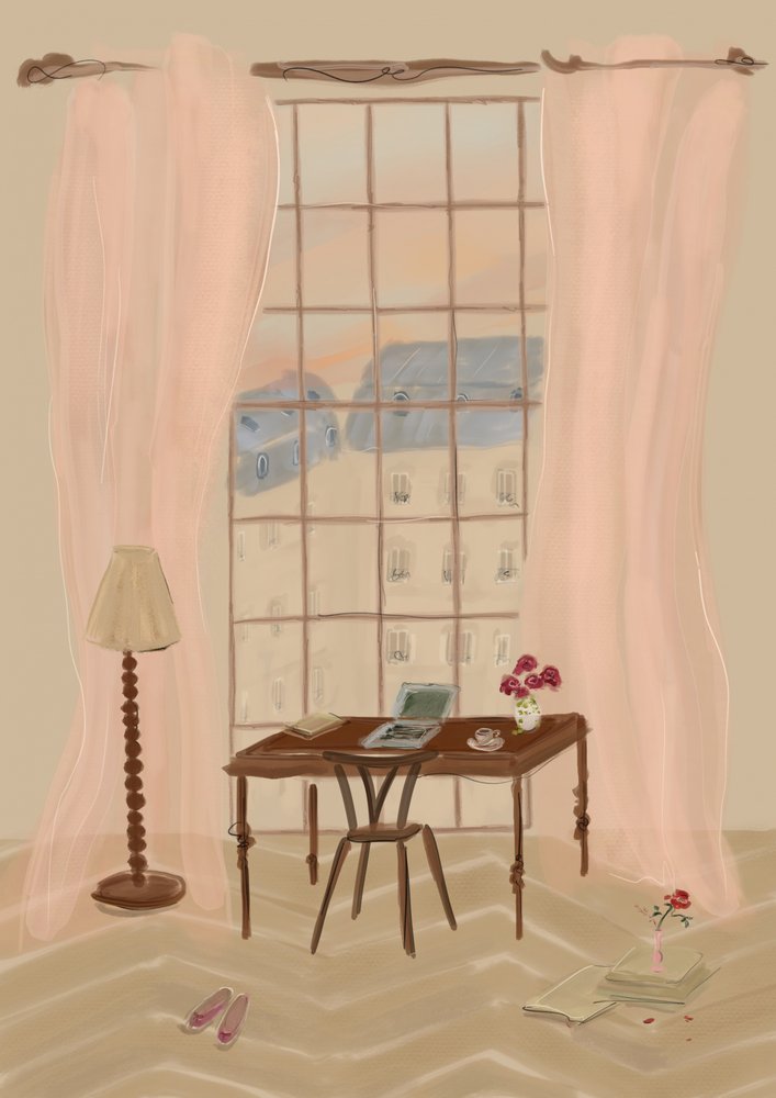 Illustratie van een uitzicht vanuit een raam in Parijs met een rustiek bureau door Katharina Puritscher