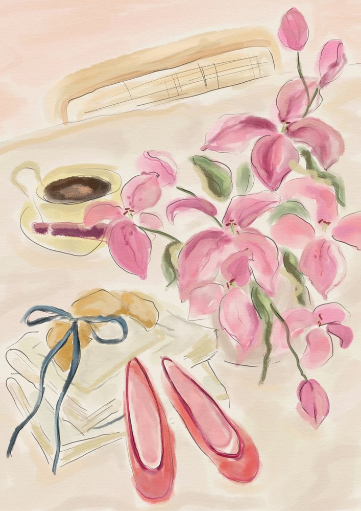 Stilleven in aquarel met ballerina’s door Katharina Puritscher