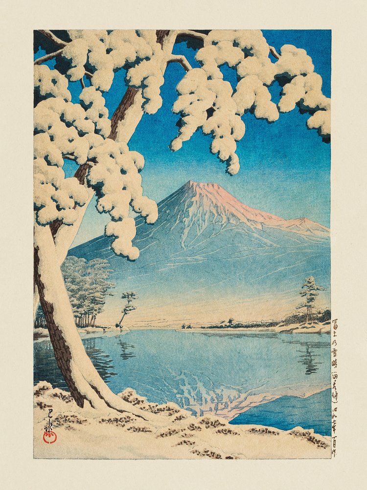 Fuji in de sneeuw, Tagonoura (1932) door Kawase Hasui