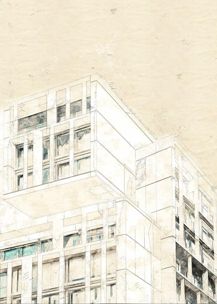 Bouwtekening van een modern gebouw door Lembayung senja studio [Vintage Poster]