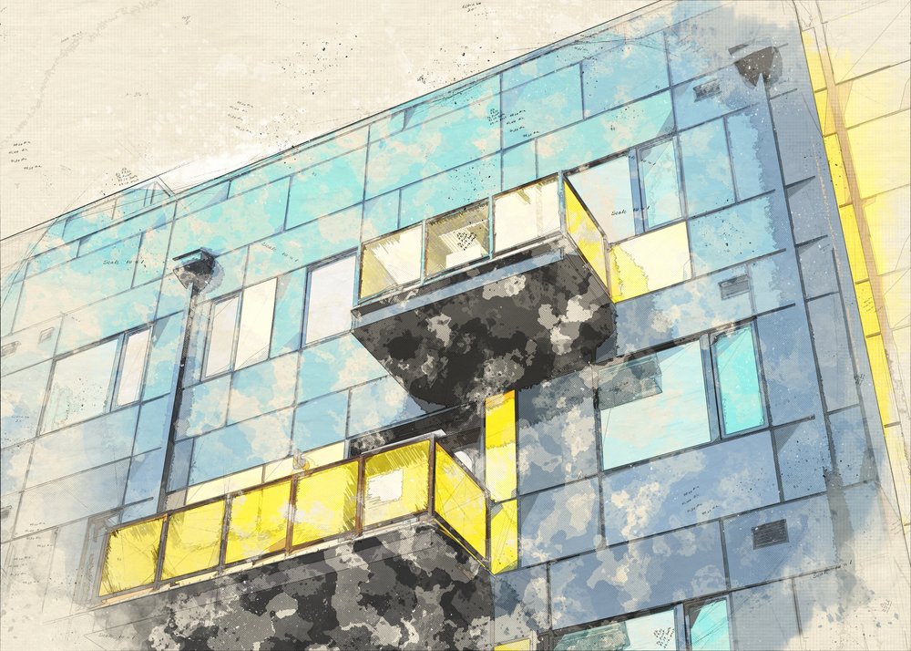Schets van een modern gebouw door Lembayung senja studio [Vintage Poster]