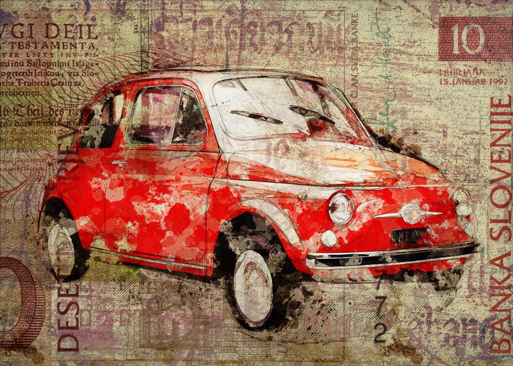 Rode vintage Fiat 500 door Lembayung senja studio [Vintage Poster]