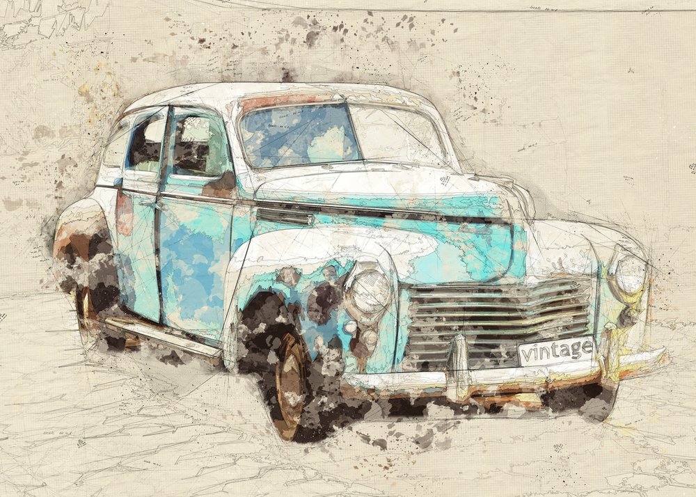 Rustieke blauwe oldtimer door Lembayung senja studio [Vintage Poster]
