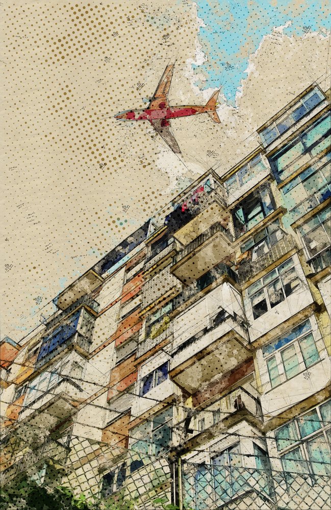 Vliegroute boven de stad door Lembayung senja studio [Vintage Poster]