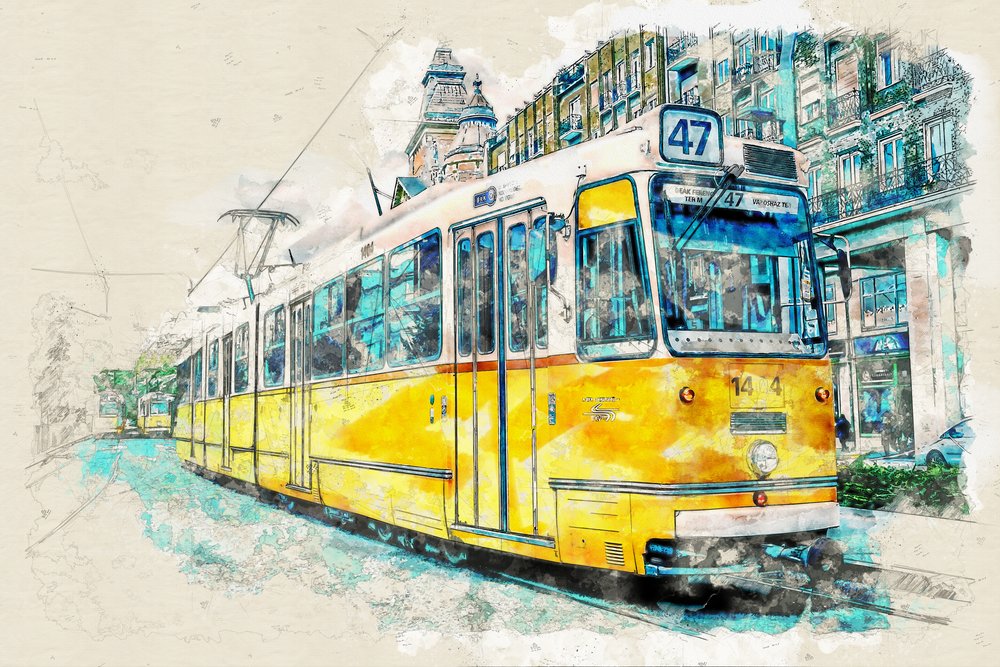 Stedelijke tram in aquarel door Lembayung senja studio [Vintage Poster]