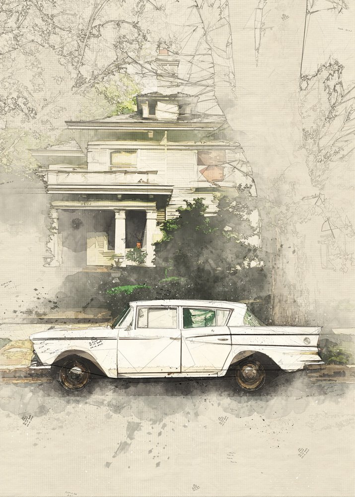 Schets van een oldtimer en een oud huis door Lembayung senja studio [Vintage Poster]
