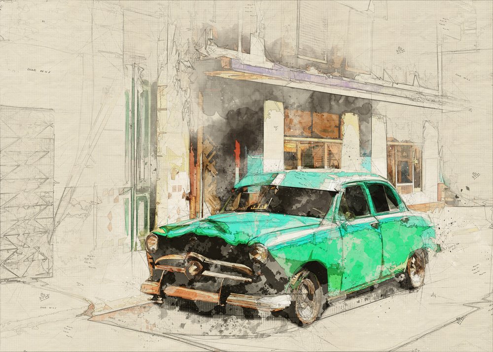 Schets van een vintage groene auto door Lembayung senja studio [Vintage Poster]