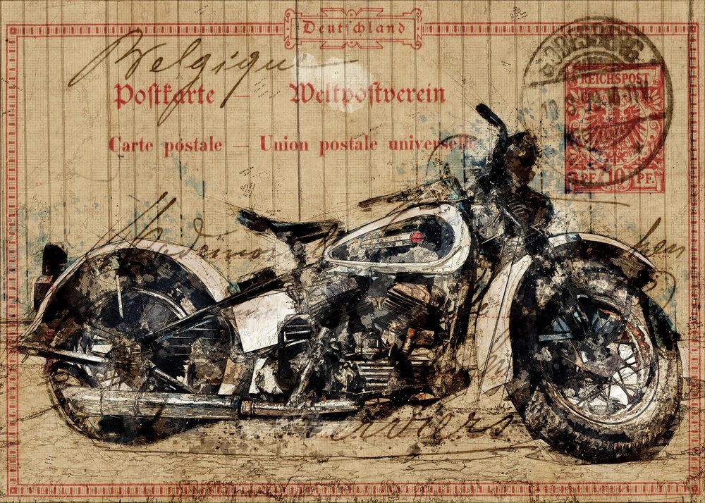 Vintage motorfiets-ansichtkaart door Lembayung senja studio [Vintage Poster]