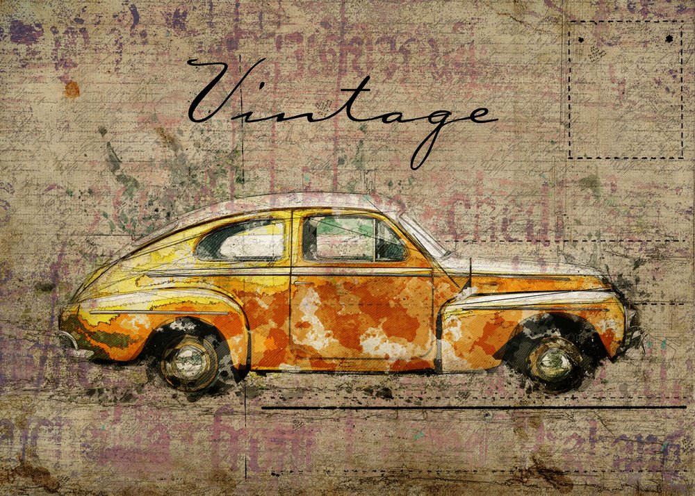 Vintage oranje auto door Lembayung senja studio [Vintage Poster]