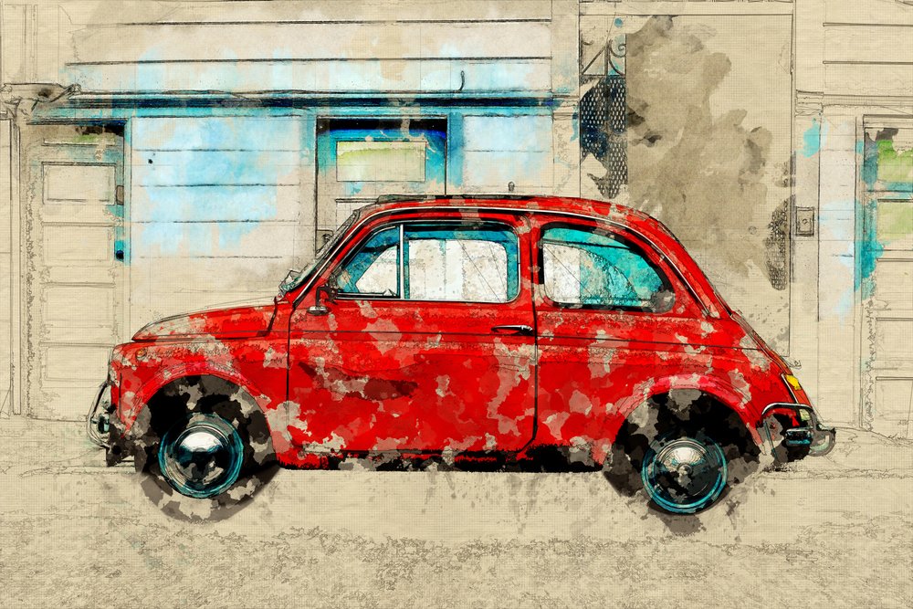 Vintage rode auto op straat door Lembayung senja studio [Vintage Poster]