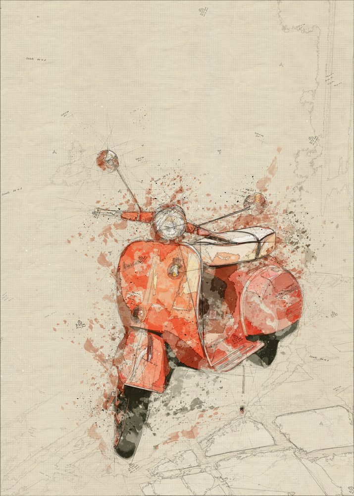 Vintage rode Vespa-kunst door Lembayung senja studio [Vintage Poster]