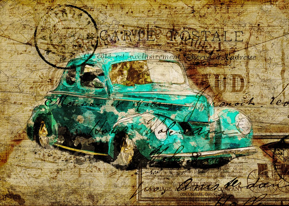 Vintage ansichtkaart met een auto in blauwgroen door Lembayung senja studio [Vintage Poster]