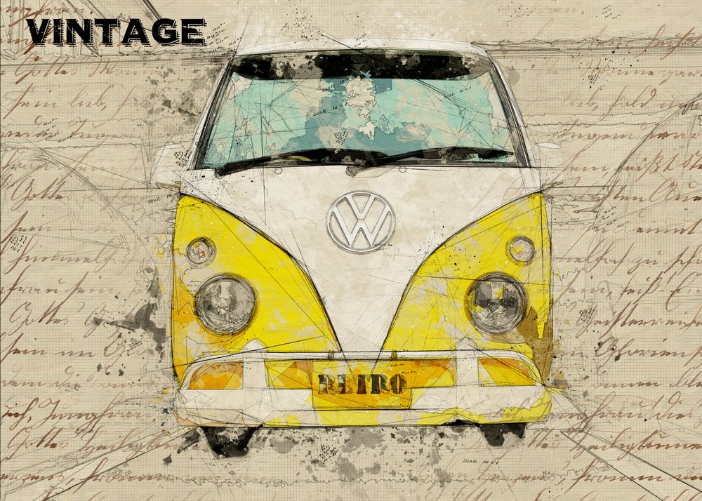 Schets van een vintage geel busje door Lembayung senja studio [Vintage Poster]