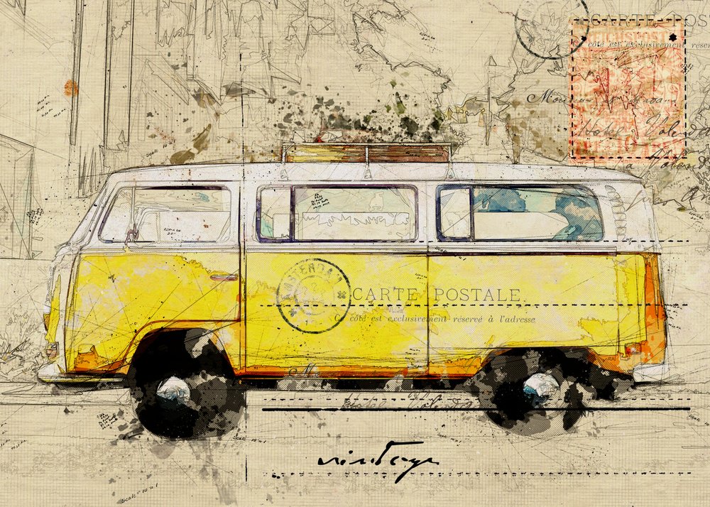 Reisschets van een geel busje door Lembayung senja studio [Vintage Poster]