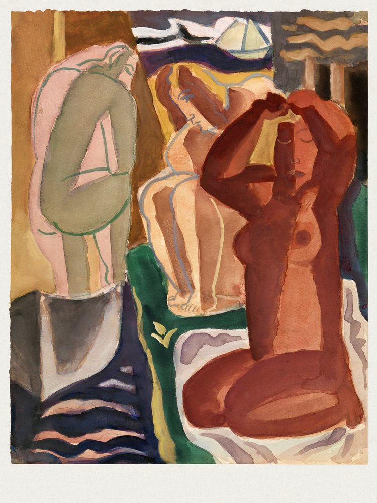 Twee badende vrouwen en een brugfiguur  - Leo Gestel 60x80 cm met witte rand door Leo Gestel