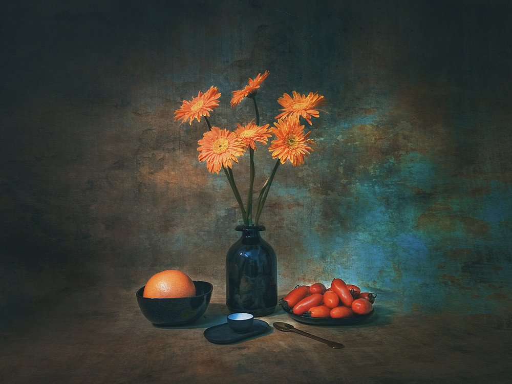 Stilleven met oranje bloemen door Liu Xing