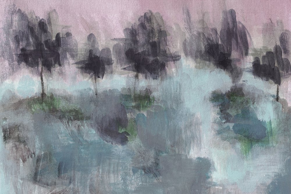 Abstracte voorstelling van een mistig bos door Lori Ann Folz