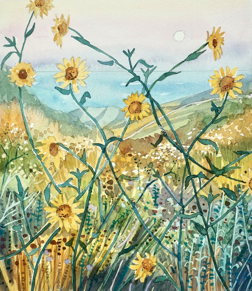 Zonnige wilde bloemen met uitzicht op zee door Luisa Millicent
