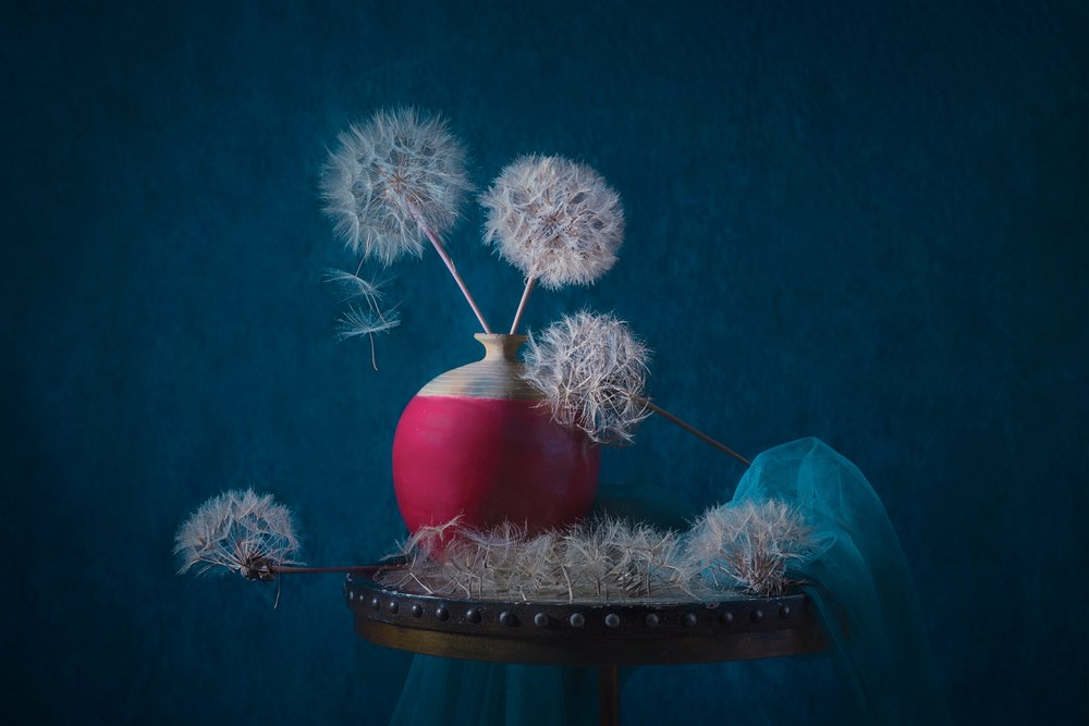 Dromerig stilleven met paardenbloemen door Lydia Jacobs