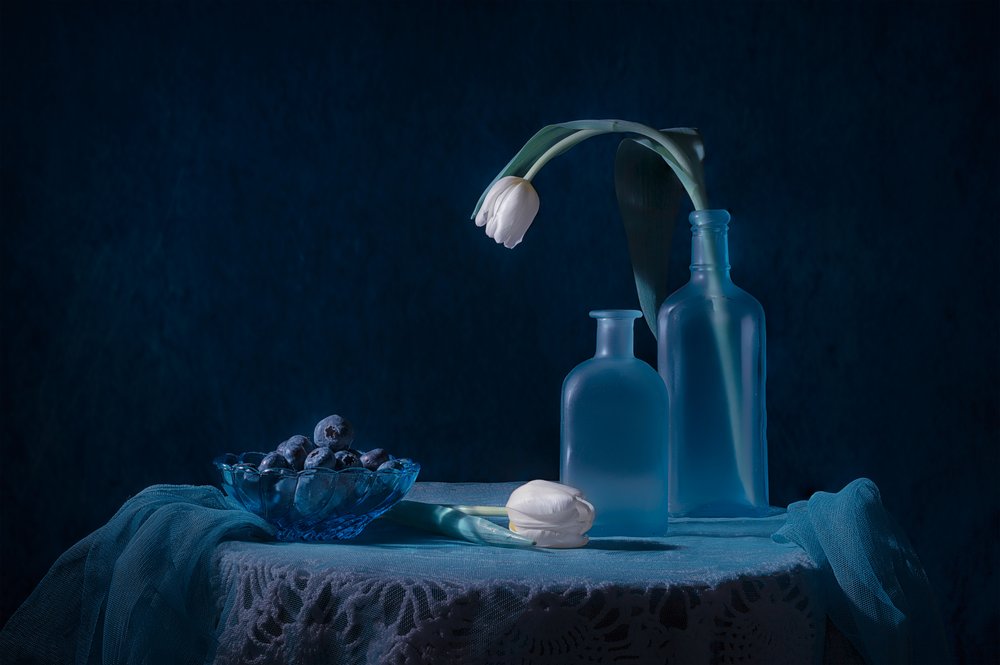 Elegant blauw stilleven door Lydia Jacobs