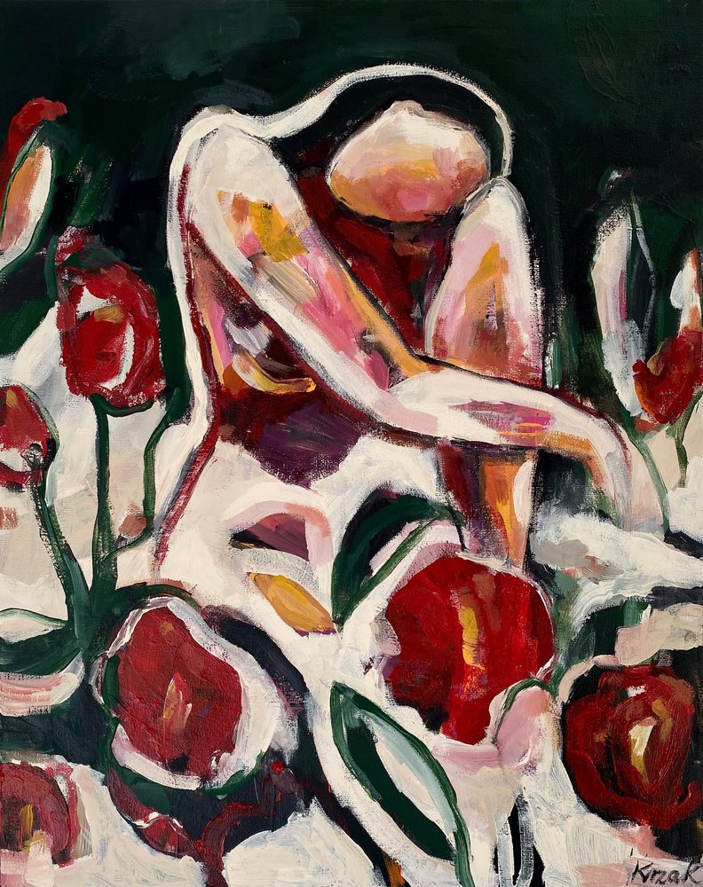 Vrouw tussen rode bloemen door Magdalena  Krzak